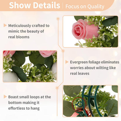 NUPTIO Flower Candle Rings for Centerpieces: 13.4 Inch Artificial Rose Wreath for Wedding Party Christmas - Pink & White Wreaths for Spring Summer Front Door Porch Table Decor 2 Pcs