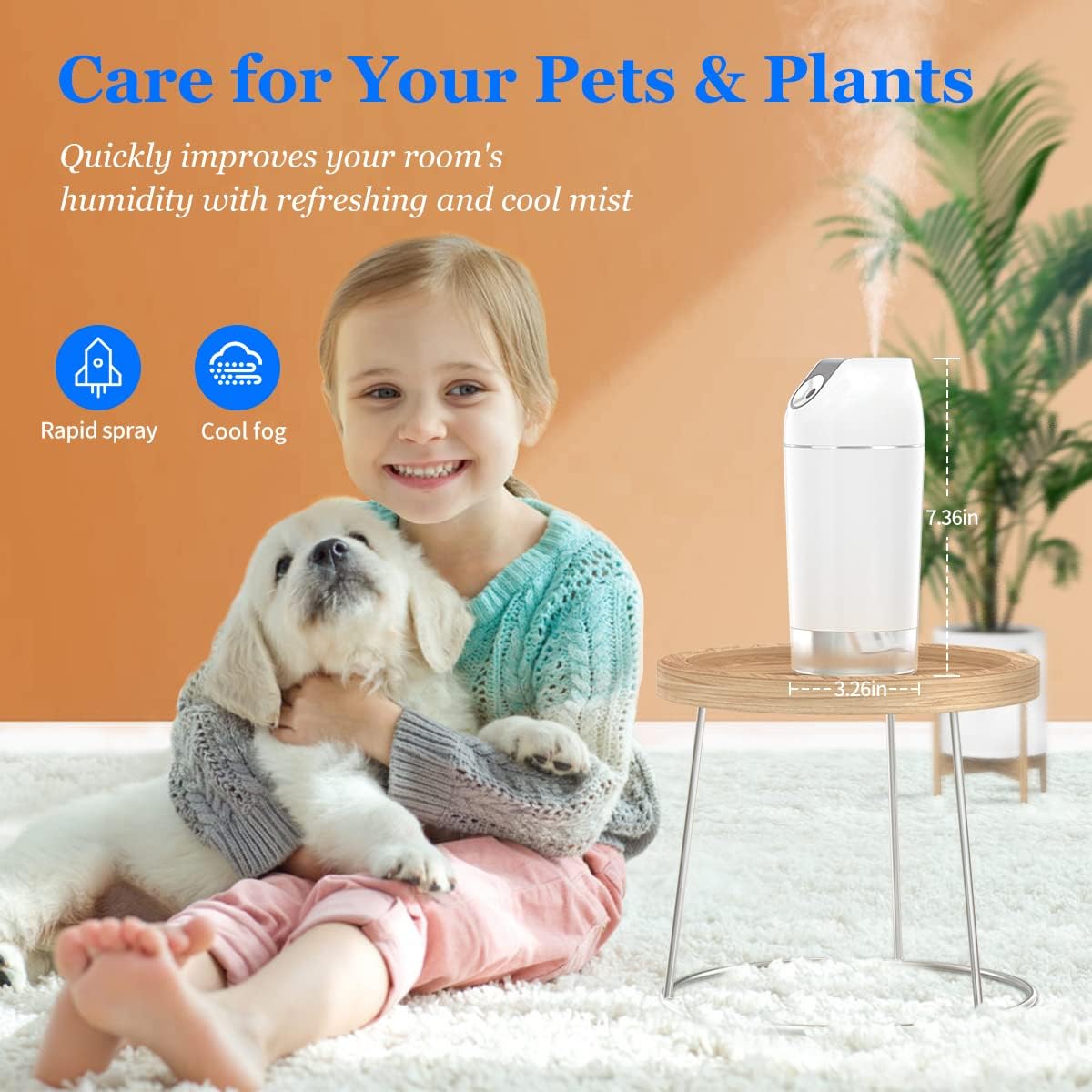 480ml 4 2600mAh) Mini Humidifier-Battery Operated Cordless Portable Small Humidifier USB Rechargeable Personal Desktop