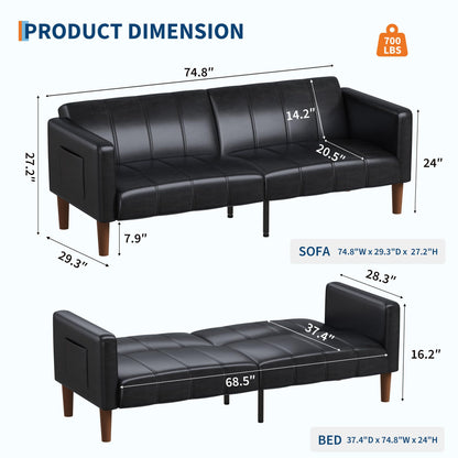 75 in Futon Sofa Bed, Faux Leather Convertible Couch with Adjustable Backrest, Side Pocket, Mid Century Modern Loveseat Sleeper Sofa for Living Room, Bedroom, Apartment, Small Spaces, Black