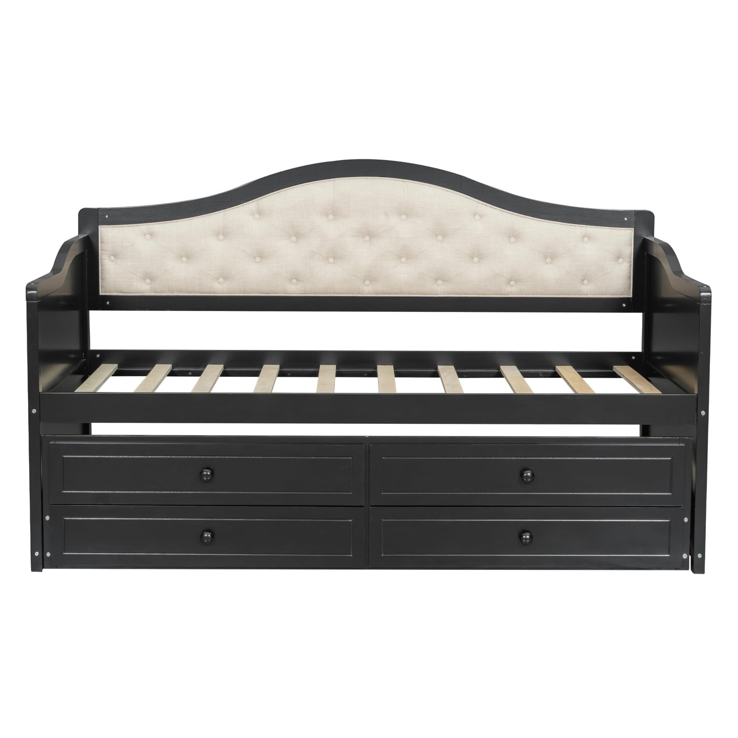 GDFStudio Twin Daybed with Trundle and 2 Storage Drawers, Upholstered Button Tufted Wooden Daybed Sofa Bed, Twin Size Pull Out Trundle Bed Frame for Living Room Bedroom Guest Room, Black