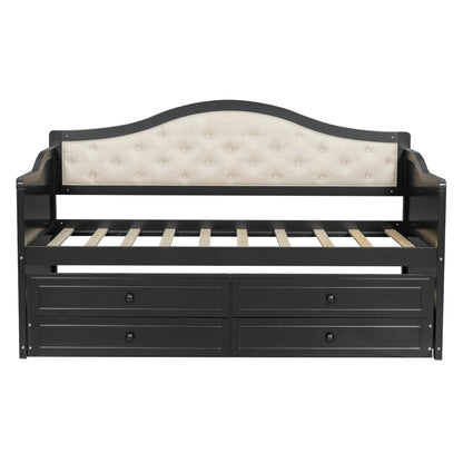 GDFStudio Twin Daybed with Trundle and 2 Storage Drawers, Upholstered Button Tufted Wooden Daybed Sofa Bed, Twin Size Pull Out Trundle Bed Frame for Living Room Bedroom Guest Room, Black