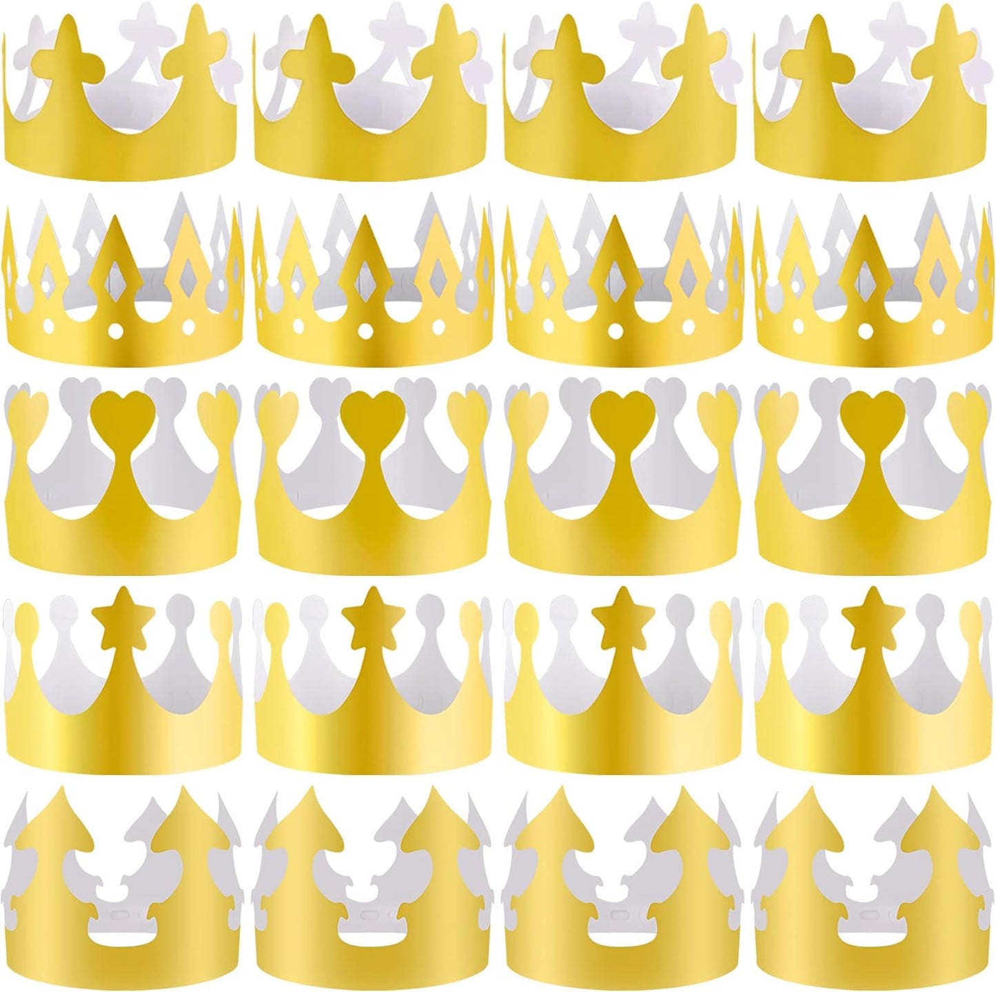 SIQUK 25 Pieces Gold Party Paper Crowns, 5 Styles, 5 Pcs Each, Golden Foil Headwear for Celebration