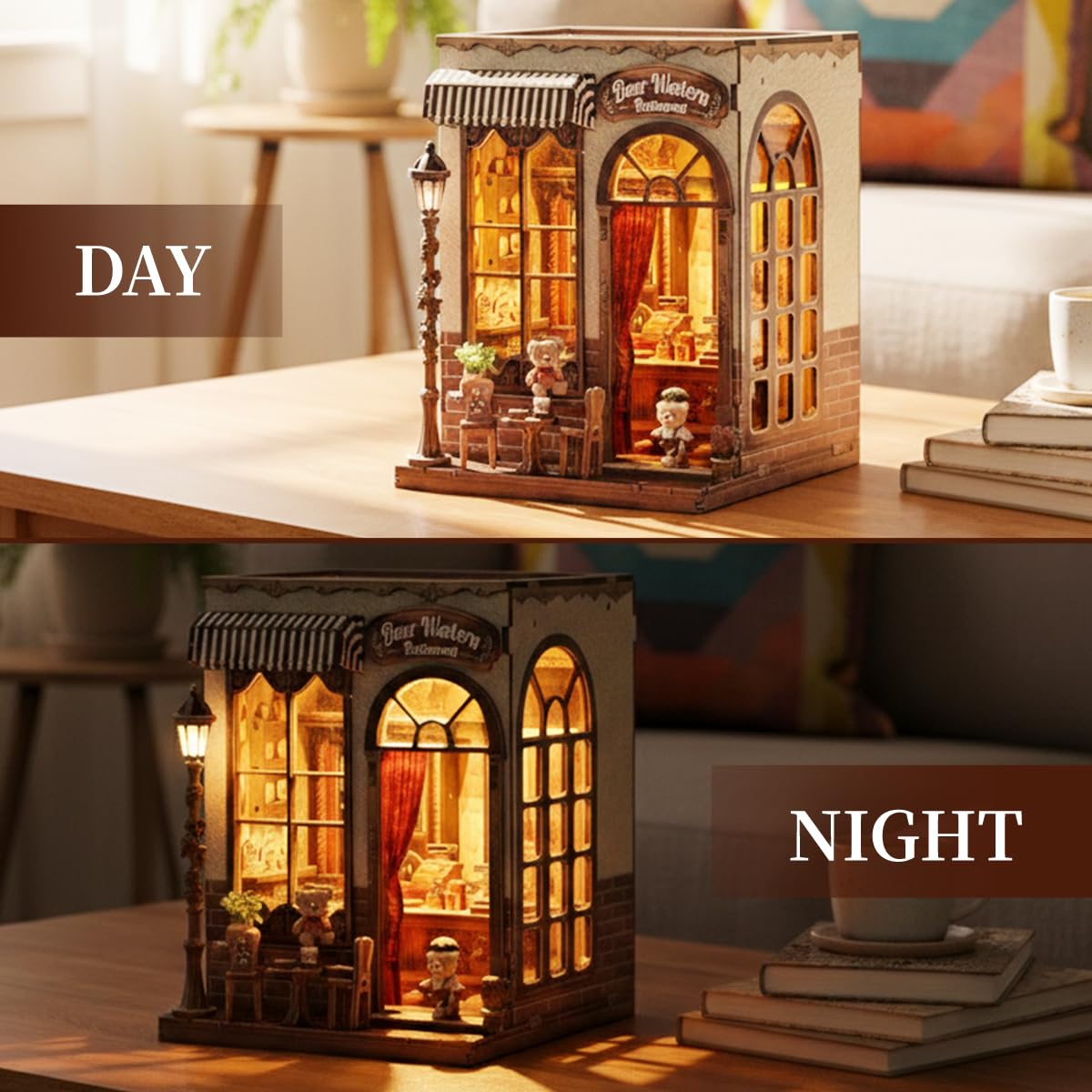 HYXBXSS Book Nook Kit, DIY Miniature House Dollhouse Kit for Adults, Bakery Patisserie Mini House Building Kit with LED, Booknook Kit Bookshelf Decor 3D Wooden Puzzles, Gifts for Family and Friends