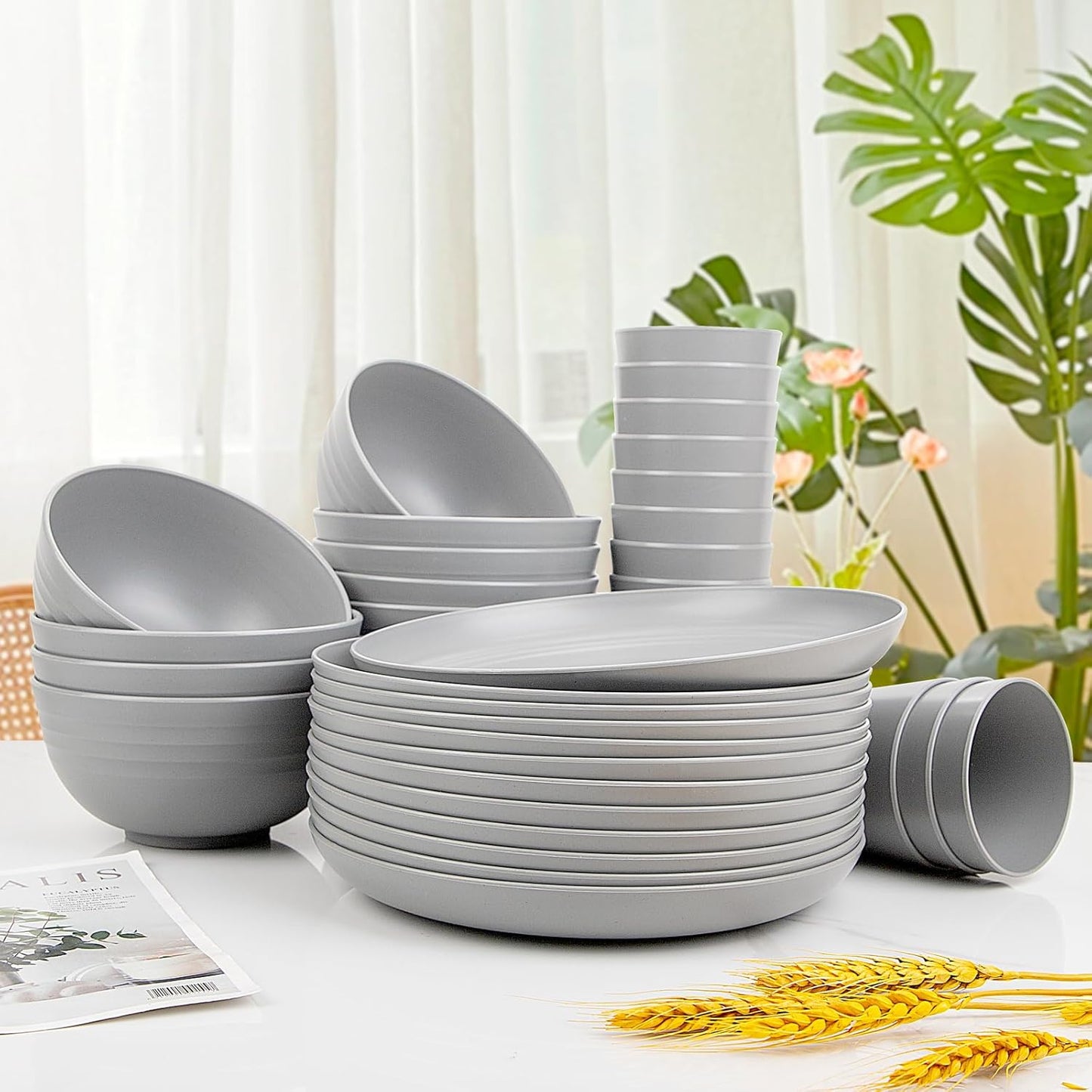 LIYH 36pcs Grey Wheat Straw Dinnerware Set - Reusable Plastic Plates and Bowls, Dishwasher Safe