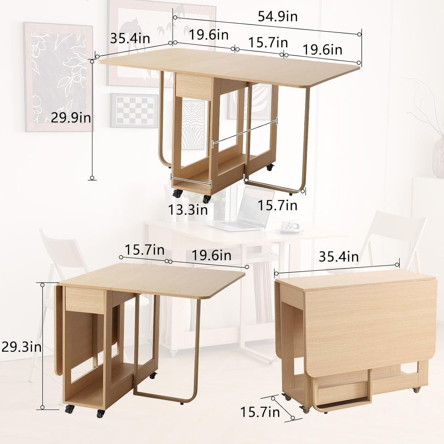 VASTATIO Folding Dining Chairs and Table Set, Space-Saving Dining Table and 2 Padded Steel Frame Folding Chairs(Wood), Drop Leaf Dining Table with Extra Large Storage Space and 2 Drawers