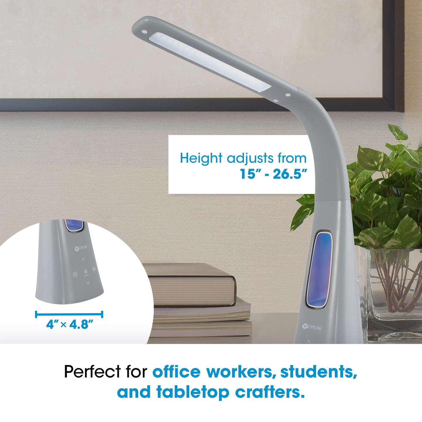 OttLite Cool Breeze LED Lamp with Fan (Gray) - 3-Speed Bladeless Fan & 5 Brightness Settings with Touch Activated Controls, Energy-Efficient Natural Daylight LEDs for Home Office, Desk, & Dorms