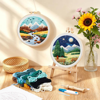 BEUNITONE 3PCS Landscape Punch Needle Kit for Adults Beginners, Complete Craft Kit Needlepoint Kits for Adults with Hoop, Punch Needle Starter Craft Set for Cloth Festival Gift and Home Decor 20X20CM