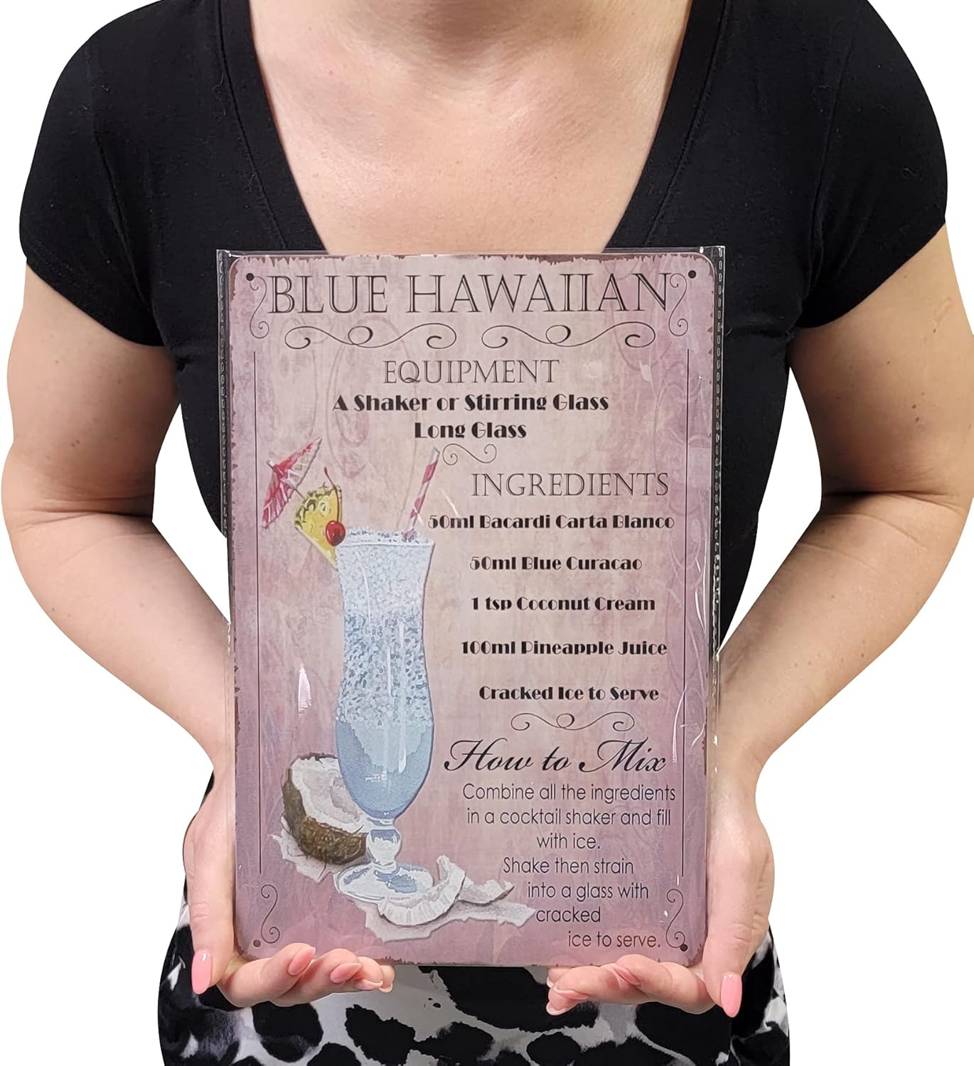 8" x 12" Popular Cocktails and Drink Mix Recipes Menu on Metal Tin Sign (Blue Hawaiian)