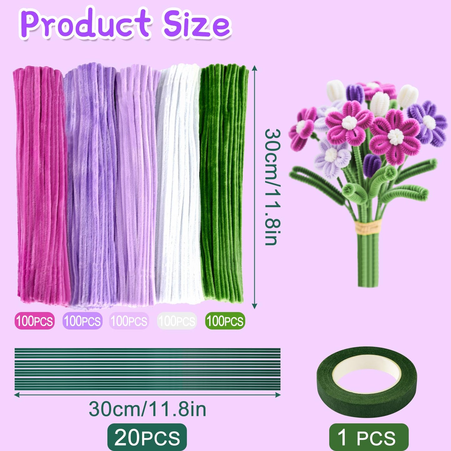 ASTARON 521 Pcs Pipe Cleaners Craft Set, 5 Colors Pipe Cleaners Bulk Pastel Chenille Stems for Craft Pipe Cleaner Flowers Making Kit with Floral Wires, Gardening Tape (Purple Series)
