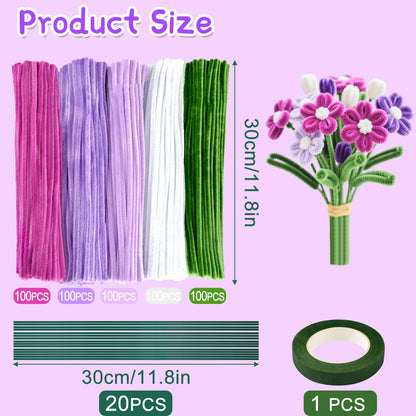ASTARON 521 Pcs Pipe Cleaners Craft Set, 5 Colors Pipe Cleaners Bulk Pastel Chenille Stems for Craft Pipe Cleaner Flowers Making Kit with Floral Wires, Gardening Tape (Purple Series)