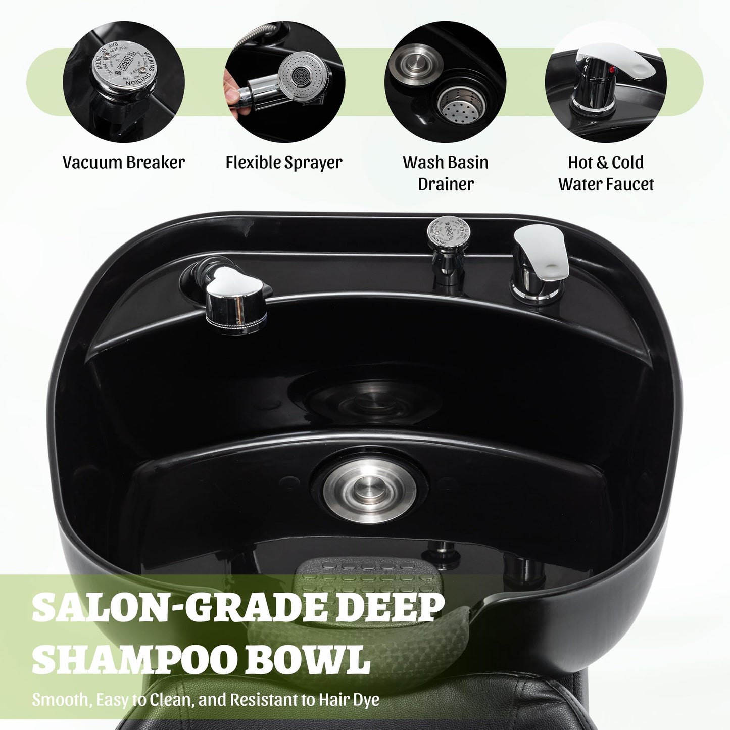 KEIKI Shampoo Bowl and Chair Set for Salon, Hair Washing Station with ABS Sink & PU Leather Chair, Ergonomic Chair with Neck Rest, Side Storage, Hot/Cold Faucet & Sprayer for Spa, Black