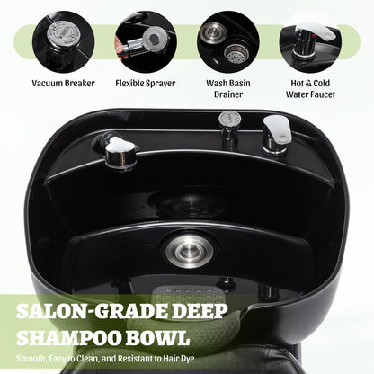 KEIKI Shampoo Bowl and Chair Set for Salon, Hair Washing Station with ABS Sink & PU Leather Chair, Ergonomic Chair with Neck Rest, Side Storage, Hot/Cold Faucet & Sprayer for Spa, Black