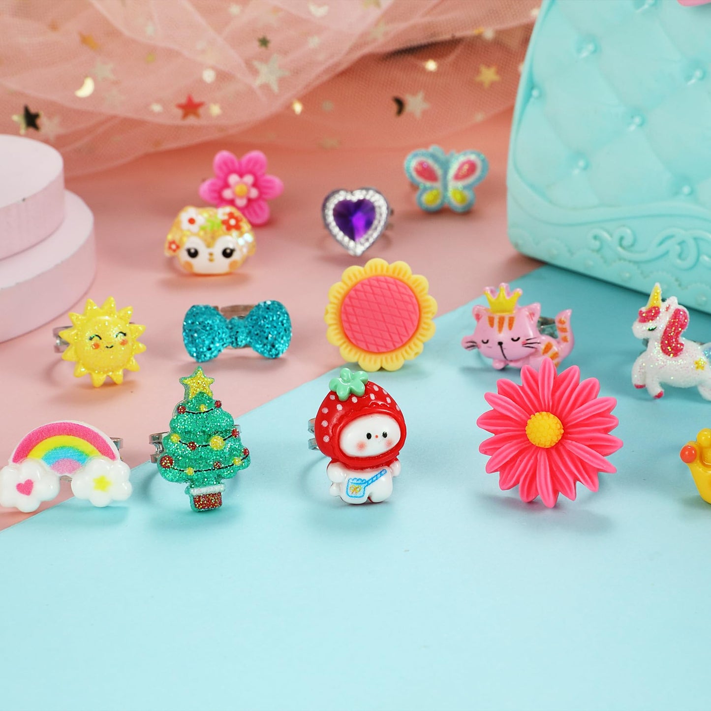 PinkSheep Little Girl Jewel Rings in Box, Adjustable, No Duplication, Girl Pretend Play and Dress Up Rings (24 Lovely Ring)
