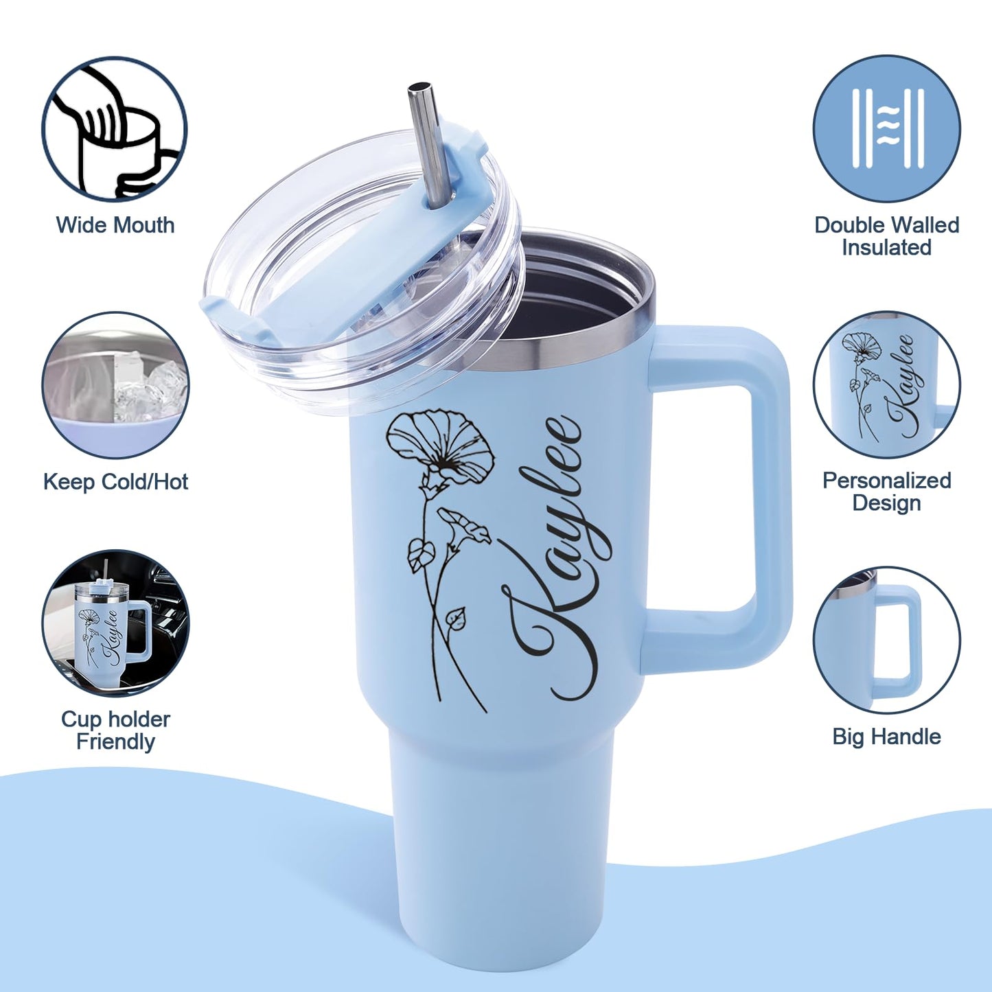Elemtansy Personalized 40 Oz Tumbler with Handle and Straw, Custom Cup with Name, Stainless Steel Travel Coffee Tumbler, Personalized Birthday Gifts for Women