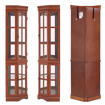 Corner Curio Cabinet with Lighting System, Adjustable Tempered Glass Shelves and Acrylic Mirror Back for Display, Compact Corner China Cabinet for Living Room (E26 Bulb Not Included) (Dark Walnut)