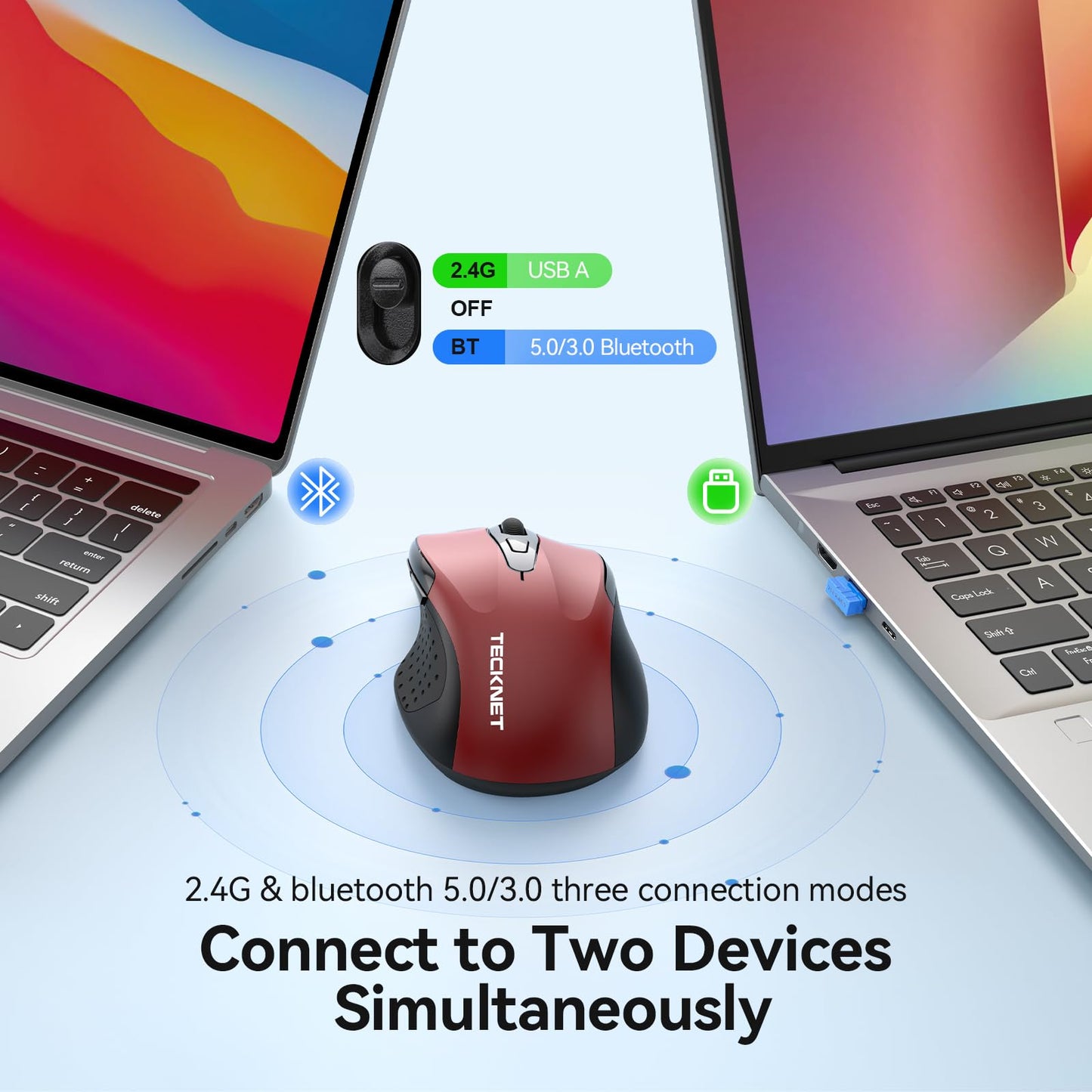 TECKNET Rechargeable Jiggler Wireless Mouse (BT5.0/3.0 & 2.4G) 4800 DPI Silent USB A & Bluetooth Mouse 6 Buttons, Wide Compatibility - Black