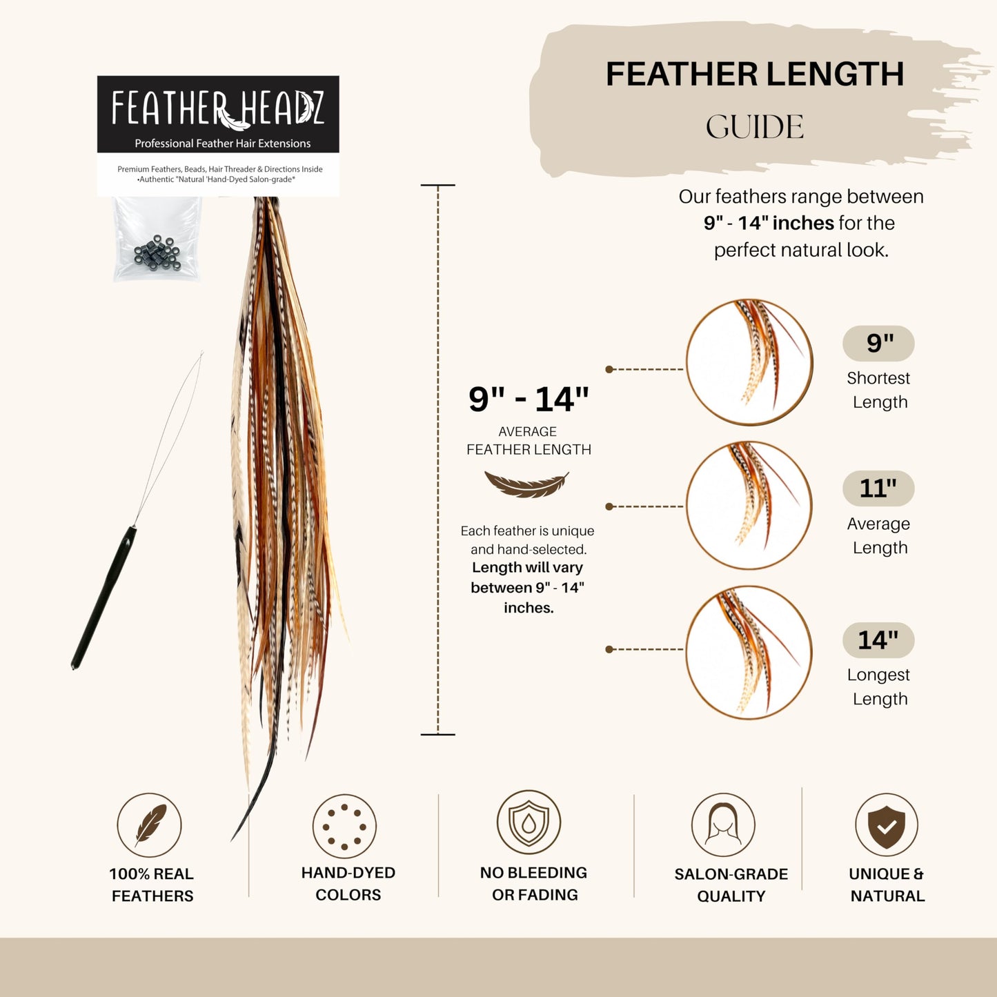 21 Natural Color Hair Extensions – 9”–14” Long – DIY Rooster Kit with 20 Micro-Link Beads – 100% Real Feathers – Eye-Catching Boho Style