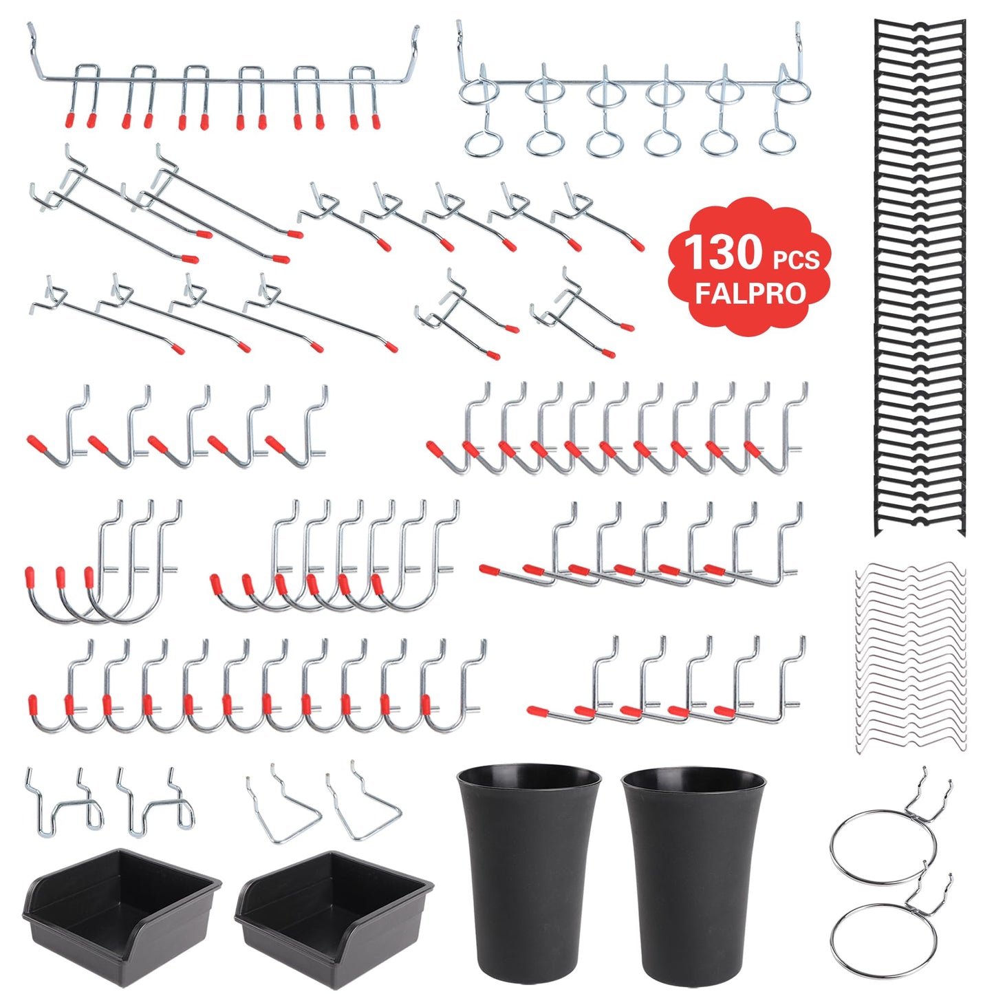 FALPRO 130PCS Pegboard Hooks Assortment - Peg board Hooks for Hanging Tools with Pegboard Bins & Cups,1/8-Inch Pegboard Wall Organizer - Ideal for Organizing in the Garage Kitchen Workbench Craft Room