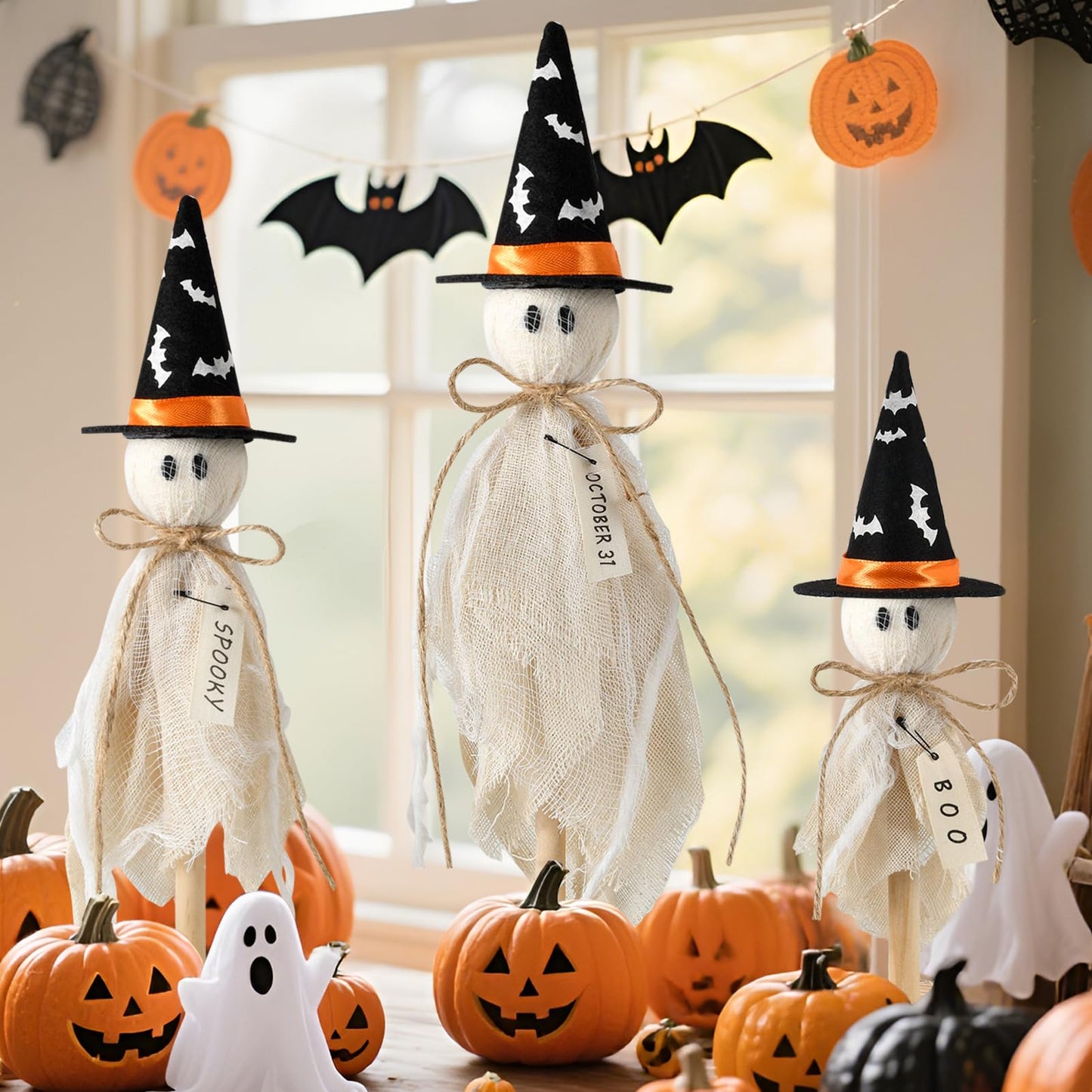 Yanleen Halloween Decorations Indoor, Set of 3 Primitive Halloween Ghosts with Witch Hat Bat on Wooden Stand Spooky Halloween Table Decor Table Centerpieces, Tiered Tray Decor, Shelves Mantels
