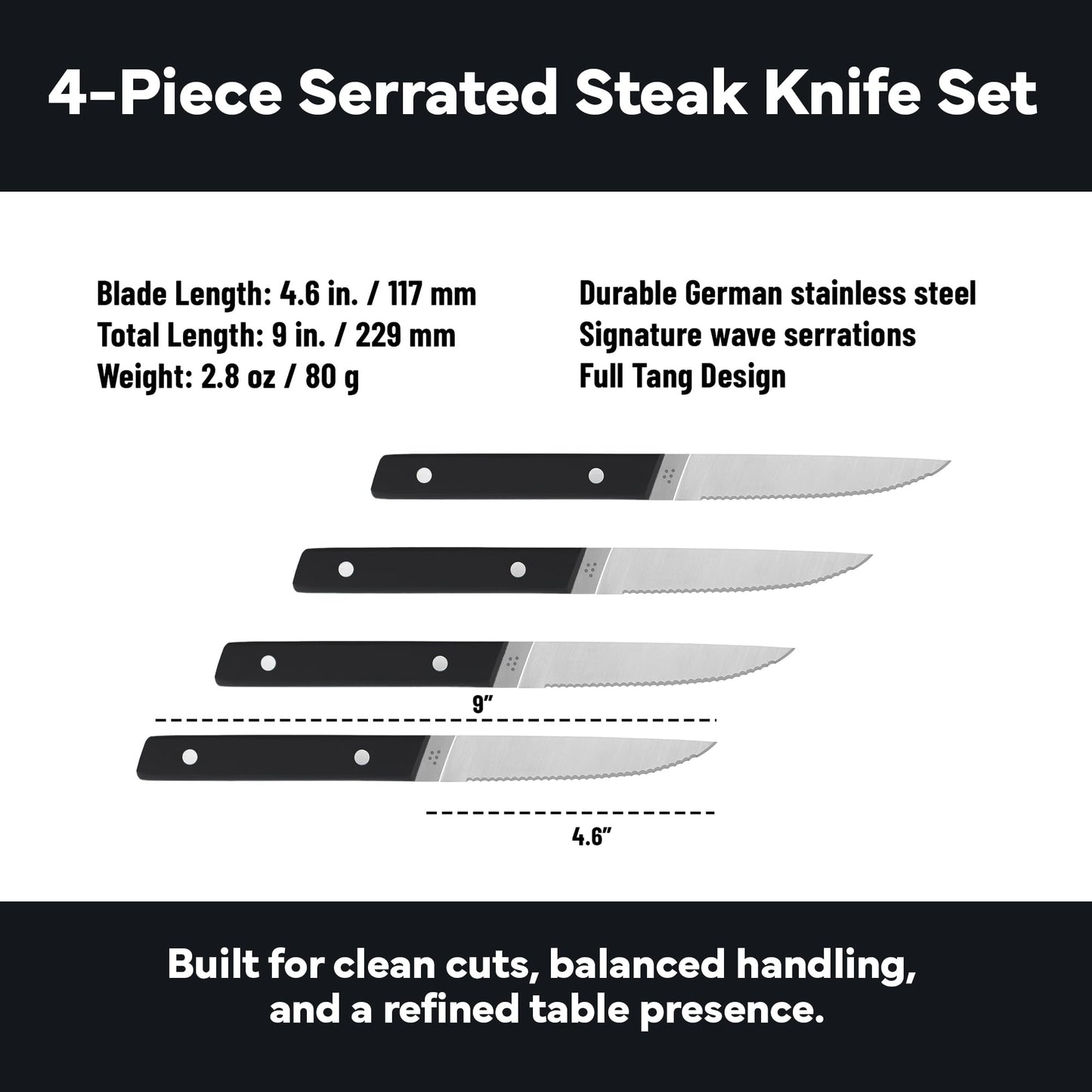Misen Steak Knives Set of 4 - Precision Serrated Blades for Effortless Dining - Stainless Steel - Superior Cuts with Four Steak Knives Handles - Black