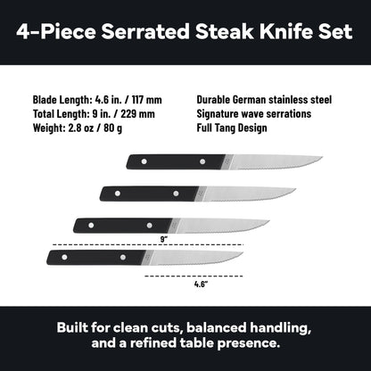 Misen Steak Knives Set of 4 - Precision Serrated Blades for Effortless Dining - Stainless Steel - Superior Cuts with Four Steak Knives Handles - Black