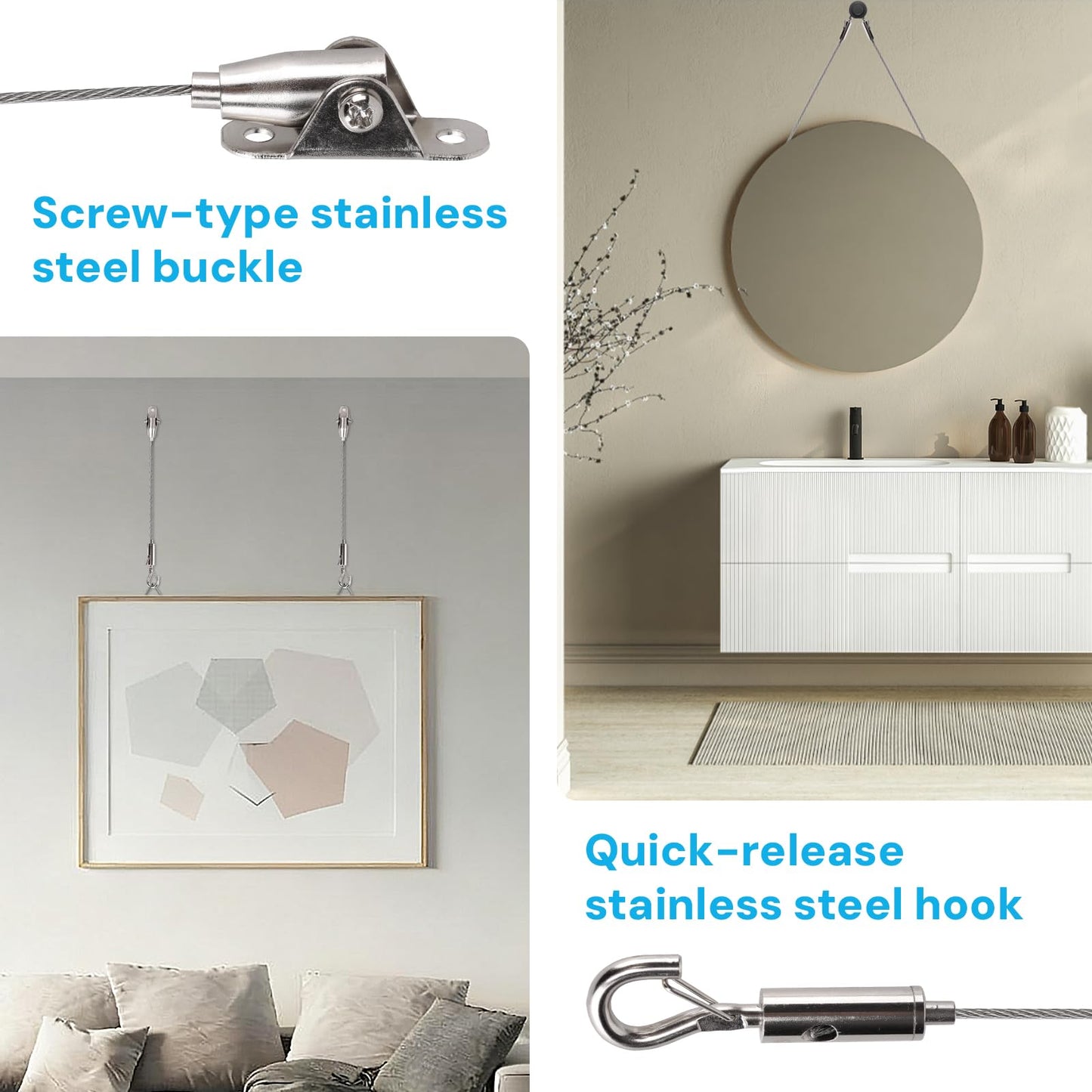 HUYEIOBGD Heavy Duty Picture Hanging Kit with 1.5m Adjustable Stainless Steel Cable, 6-Piece Wire Rope Suspension System for Artwork, Display Signs, Photo Frames, Gallery Walls & Hanging Decorations