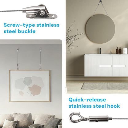 HUYEIOBGD Heavy Duty Picture Hanging Kit with 1.5m Adjustable Stainless Steel Cable, 6-Piece Wire Rope Suspension System for Artwork, Display Signs, Photo Frames, Gallery Walls & Hanging Decorations