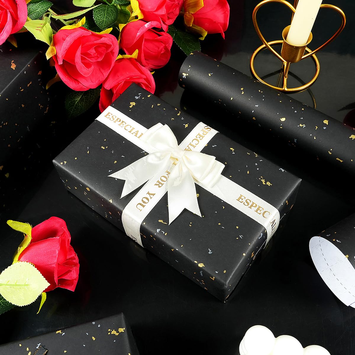 Black Wrapping Paper Roll - 17Inch×33Feet, Black and Gold Foil Wrapping Paper, Matte Kraft Gift Wrap Paper with Silver and Gold Foil Flake for Birthday Wedding Baby Shower Christmas Holiday All Occasions