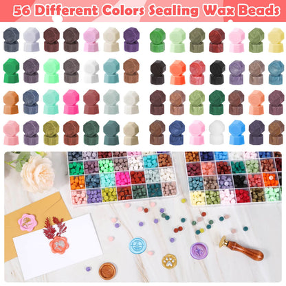1456Pcs Sealing Wax Beads Kit, Letter Wax Seal Stamp, 56 Colors
