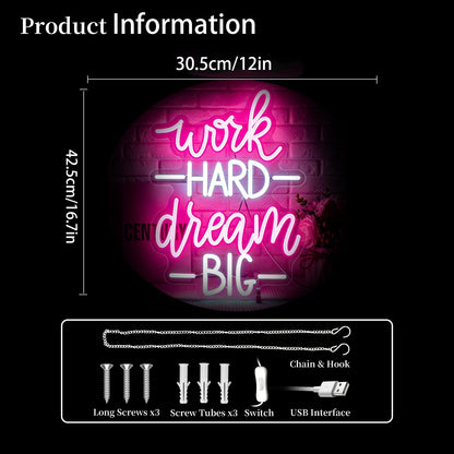 Ebdobgbs Work Hard Dream Big Neon Sign Led Neon Lights Neon Signs for Wall Decor Light Up Sign for Birthday Party Club Gift