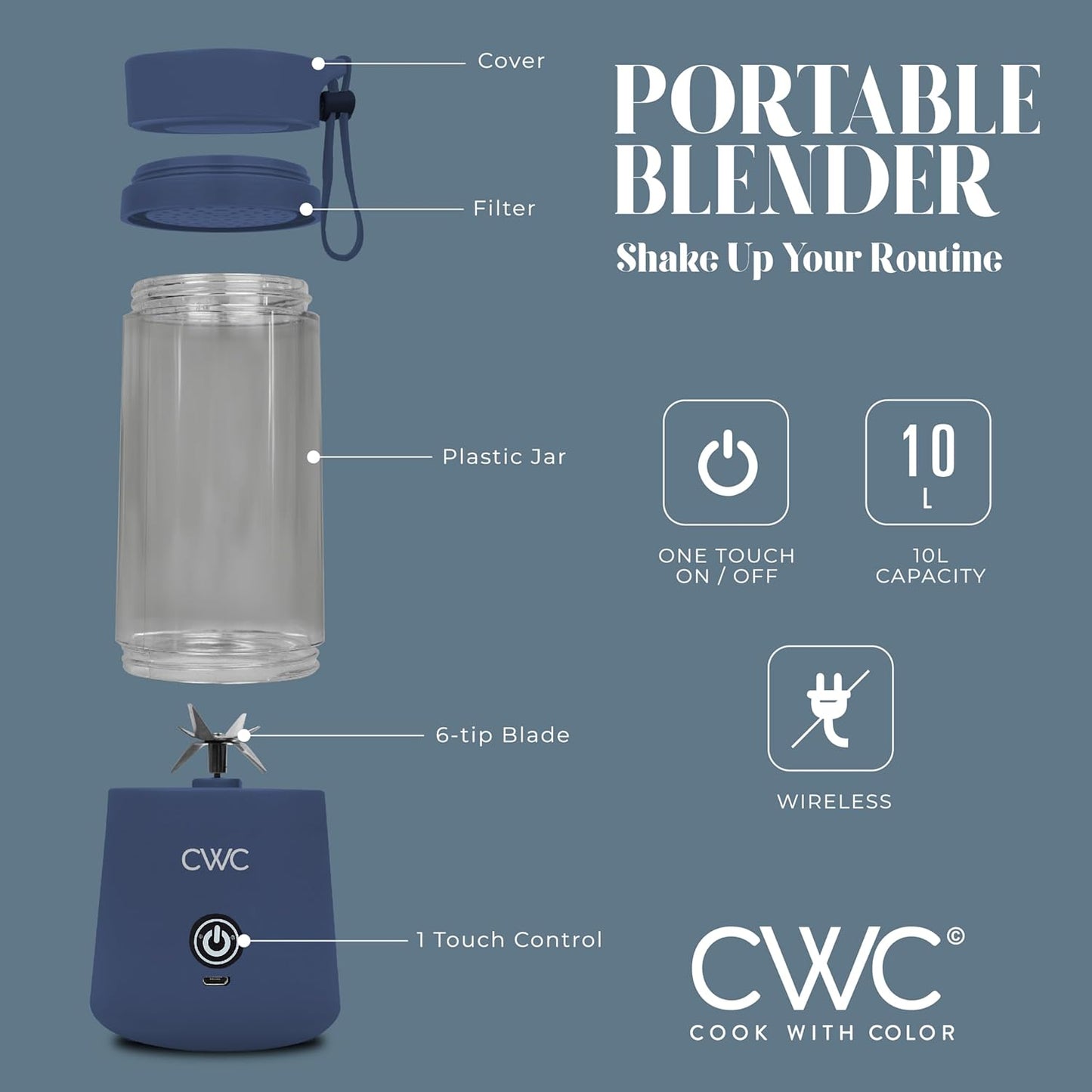 COOK WITH COLOR Mini Portable Blender - 250W Power, 12oz Capacity, Wireless/USB Rechargeable, Stainless Steel Blade