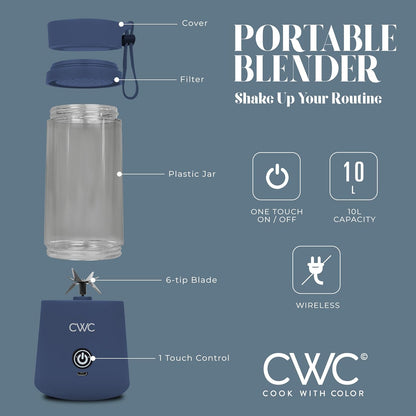 COOK WITH COLOR Mini Portable Blender - 250W Power, 12oz Capacity, Wireless/USB Rechargeable, Stainless Steel Blade
