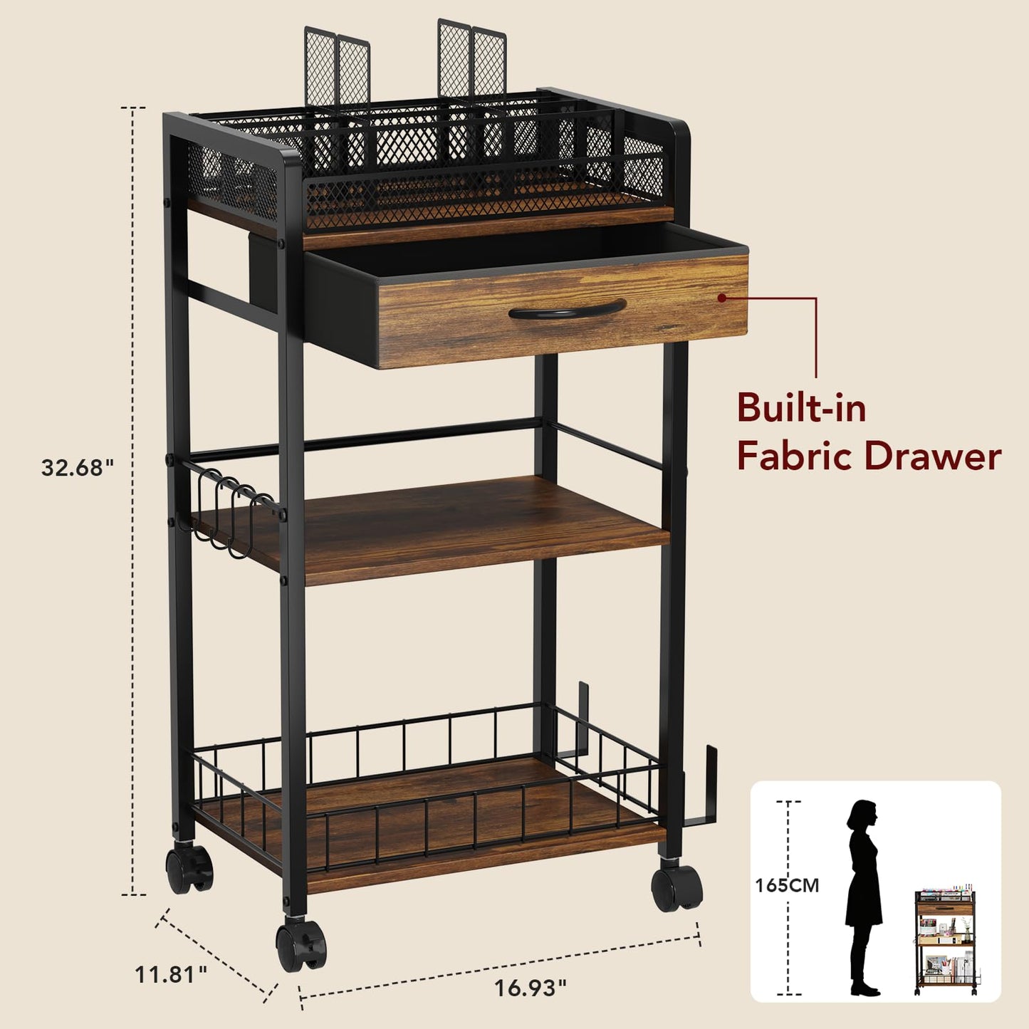 Homsorout 3 Tier Rolling Cart - Metal Utility Cart with Storage Drawer and Wheels, Versatile Art & Craft Organizer for Home, Office, or Studio Ideal for Storing Brushes, Paints, and Supplies Brown