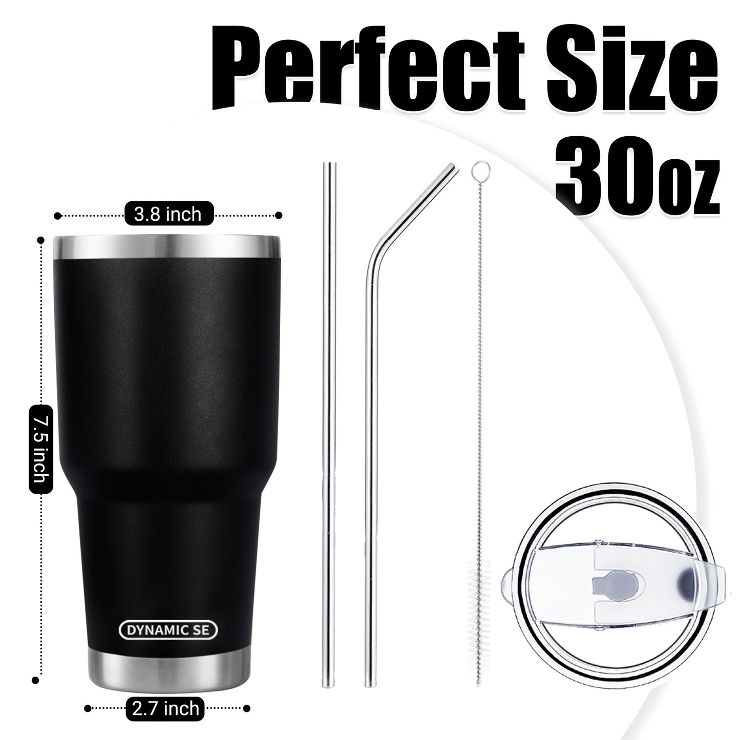 D·S 30 oz Black Tumbler Stainless Steel Double Wall Vacuum Insulated Mug with Straw and Lid, Cleaning Brush for Cold and Hot Beverages