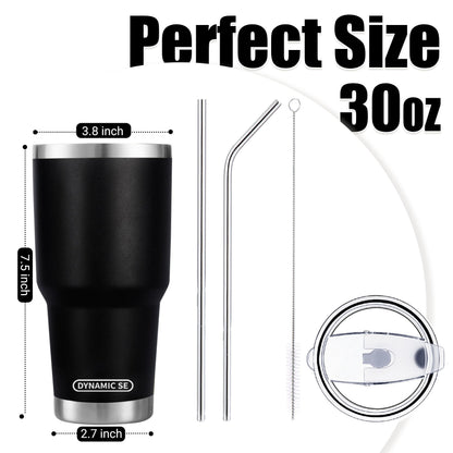 D·S 30 oz Black Tumbler Stainless Steel Double Wall Vacuum Insulated Mug with Straw and Lid, Cleaning Brush for Cold and Hot Beverages