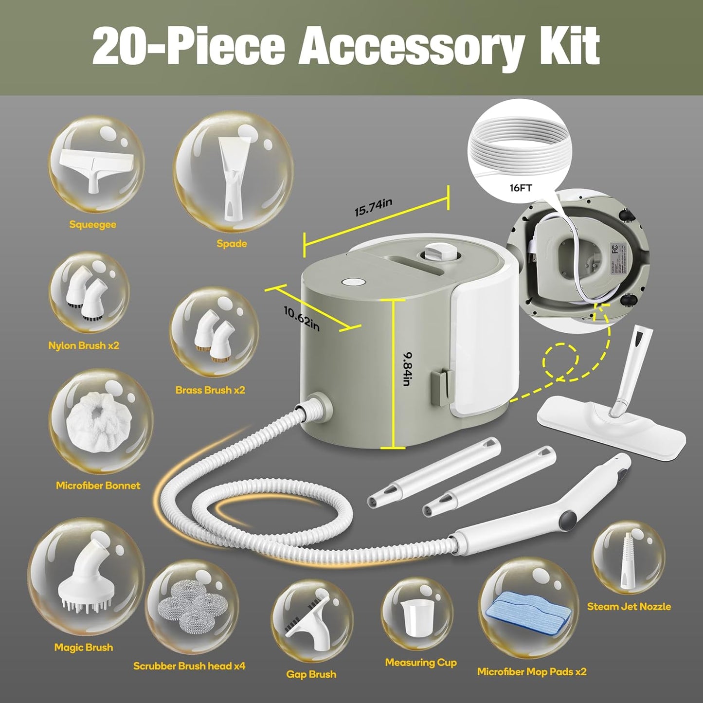 Newbealer Heavy-Duty Steam Cleaner - Multi-Purpose Steamer with 20 Accessories | Stainless Steel Boiler, Max 5 Bar