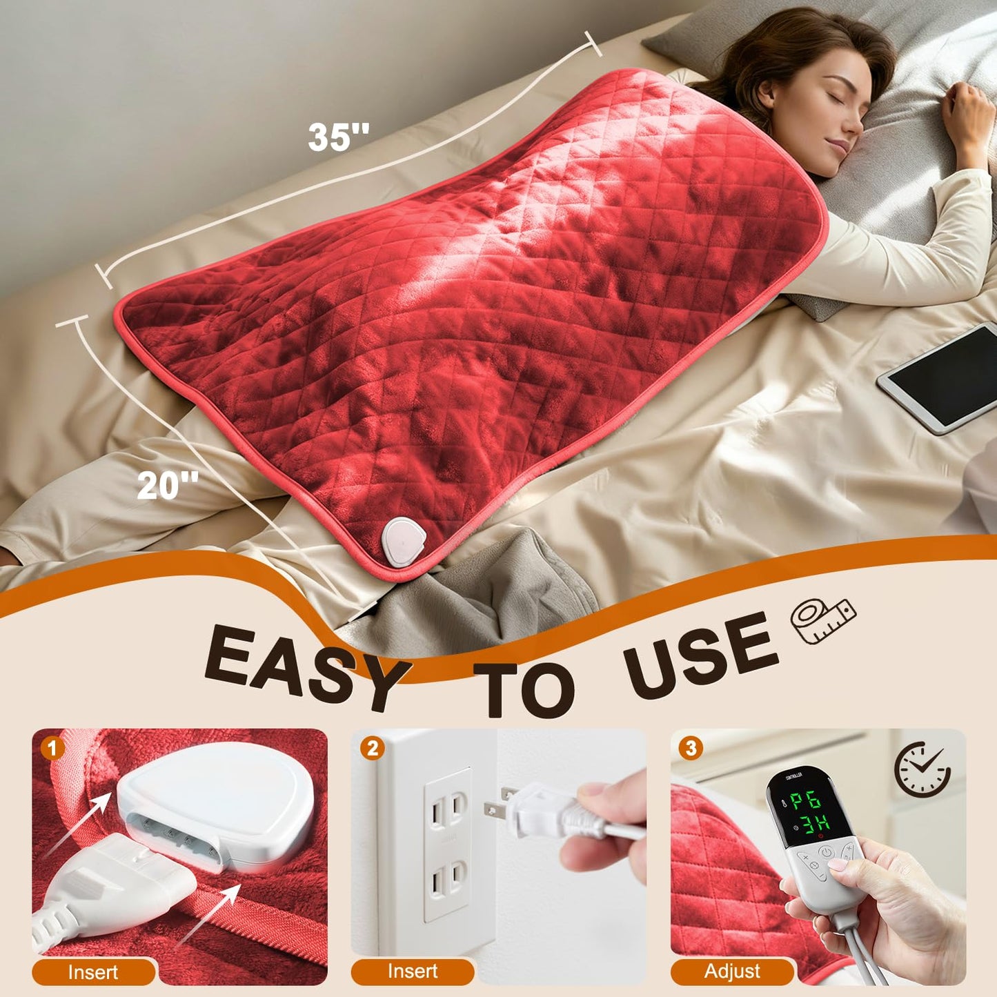 Electric Heating Pad for Period Cramps - 35"x20" XL Large Heated Pads for Back, Neck, Shoulder & Legs Pain Relief, Moist Heat Option, Machine Washable, 6 Heat Settings, Auto Shut Off, Soft Velvet