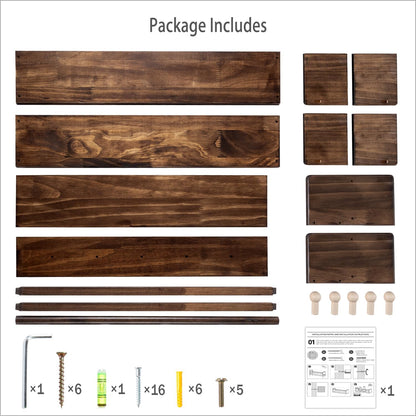 16 Inch Set 3 AZSKY Nursery Book Shelves Wall Floating Bookshelf with Hook Deep Walnut Hanging Book Shelf Toddler Room