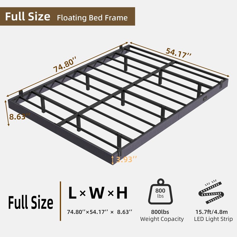 Muluflower Floating Bed Frame Full Size with LED Lights and Charging Station, Grey Linen Metal Platform Bed Frame, Easy Assembly, No Box Spring Needed (Full)