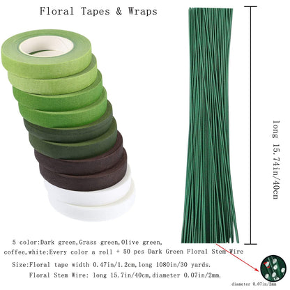Arlai Floral Arrangement Kit - Floral Tools 5 Rolls Flower Paper Tape with 50 Pcs 16" Floral Stem Wire for Floral Arrangement Artificial Bouquet Stem Wrap Florist