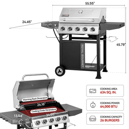 Royal Gourmet GA5406TS 5 Burner Propane Gas Grill with Side Burner and Sear Burner, Cart Style Gas BBQ Grill with Porcelain-Enameled Cast Iron Grates for Backyard Cooking, Silver & Black