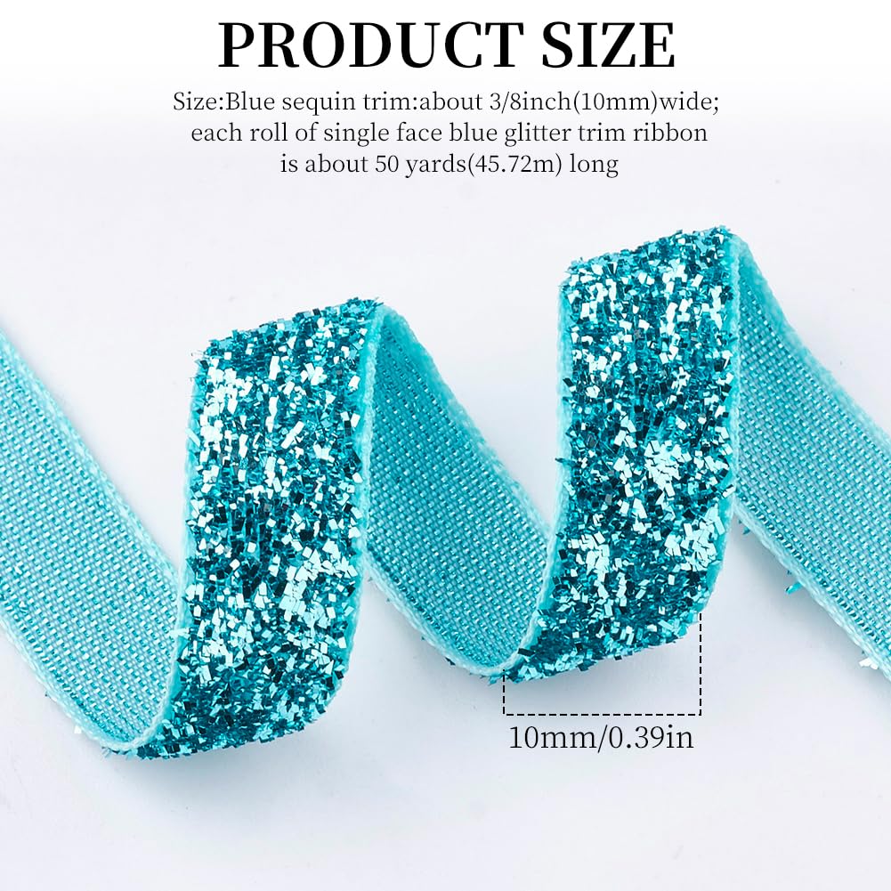 CABODYALS 50 Yards 3/8 Inch Turquoise Sequin Trim Light Blue Metallic Glitter Trim Single Sided Thin Sparkly Ribbons Bundle Rolls with Spool for Crafts Gift Wrapping Sewing Christmas Headbands DIY