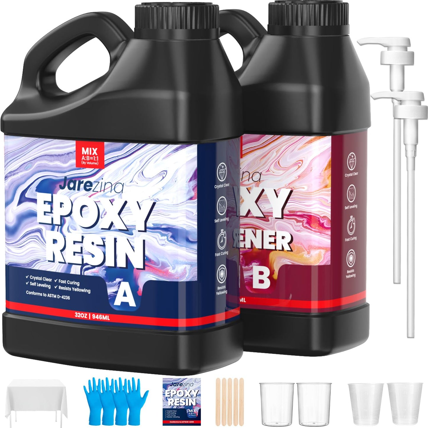 Jarezina 64OZ Epoxy Resin Kit,Crystal Clear Epoxy Resin-Strong and No Bubble,Not Yellowing,Self Leveling Easy Mix 1:1,Suitable for Art Casting,DIY,Jewelry Projects, Wood & Molds