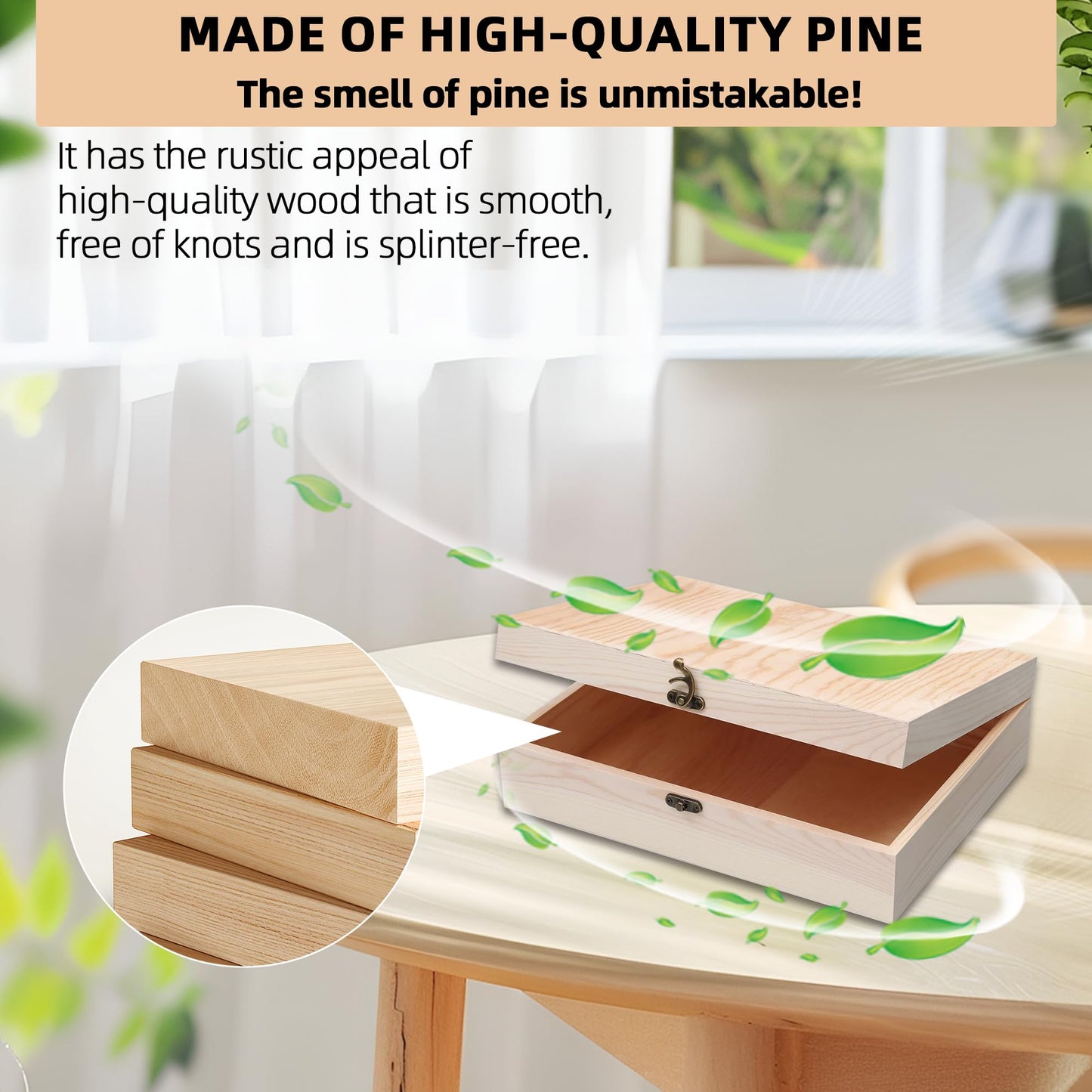 VIKOS Products Unfinished Wooden Box with Hinged Lid for Crafts DIY Storage Jewelry Pine Box - 12" x 9" x 3.35"