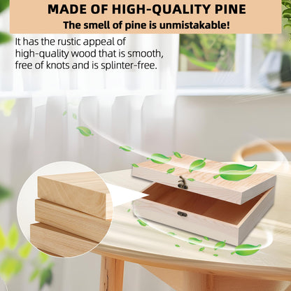 VIKOS Products Unfinished Wooden Box with Hinged Lid for Crafts DIY Storage Jewelry Pine Box - 12" x 9" x 3.35"