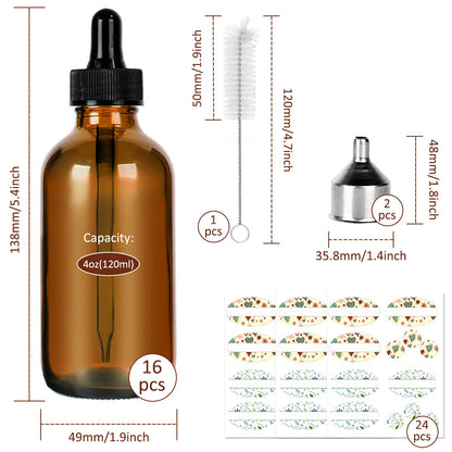 CycleMore 16 Pack (120 ml) 4 oz Amber Glass Boston Bottles with Glass Eye Droppers, Dropper Bottles for Essential Oils & Lab Chemicals & More Liquids Ideal for Mom & Friends
