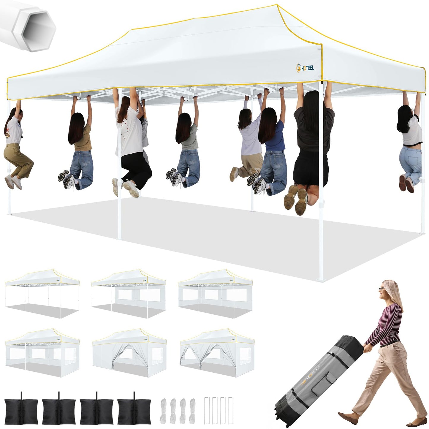 HOTEEL 10x20 Heavy Duty Pop up Canopy Tent with 6 Sidewalls, Easy Setup Outdoor Commercial Instant Gazebo for Parties Wedding Event, with Roller Bag & Sand Bags, White(Hexagonal Frame)