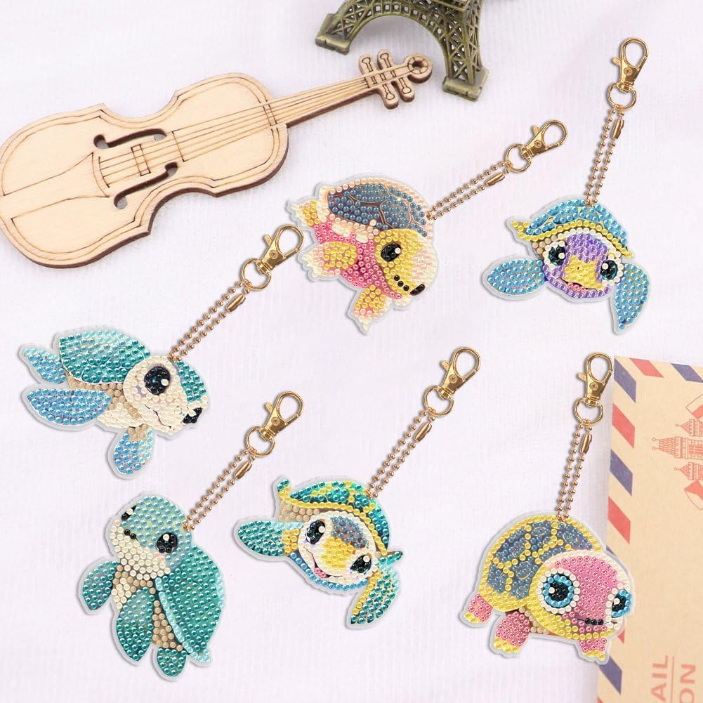 YUE ZHE 6 PCS Sea Turtle Diamond Art Kits for Adults Double Sided Diamond Art Keychains Animal DIY 5D Painting Keychains Kits for Adults Beginners DIY Crafts
