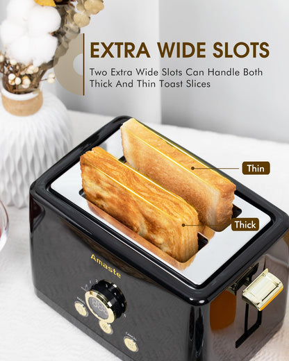 2 Slice Toaster, Retro Bread Toaster with LED Display, Extra Wide Slots Toasters with 6 Bread Shade Settings, Bagel, Cancel, Defrost Function, Stainless Steel with High Lift Lever, Removal Crumb Tray
