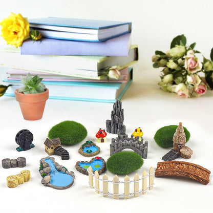 QUOZUO 21 Pcs Fairy Garden Miniatures Accessories Bridge House Landscape Water Well Fence Figurines Pond Mushroom Lawn Garden Ornament for DIY Craft Succulent Decor